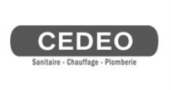 Logo CEDEO, sur un rectangle gris arrondi, affichant les services : Sanitaire, Chauffage et Plomberie.