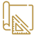 Icône dorée de plan architectural avec règle et équerre, symbolisant la conception, l'ingénierie, le dessin technique et la construction.