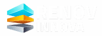 Logo RENOV INNOVA: trois blocs 3D superposés (bleu, orange, gris) symbolisant l'innovation, la rénovation et la construction.