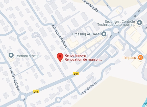 Localisation de Renov Innova (rénovation de maison) sur carte. Proche Allée Lucie Aubrac, Jean Moulin, D64, avec RomanEsthetic.