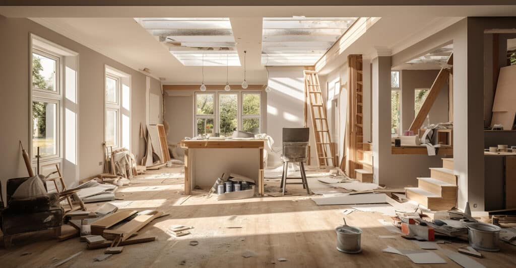 Grande pièce en rénovation, inondée de lumière naturelle. Sol en bois, matériaux de chantier et débris éparpillés. Fenêtres, puits de lumière et escalier.